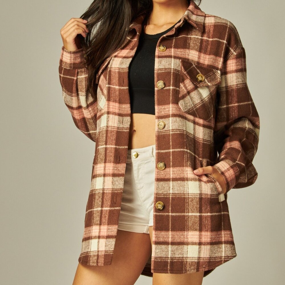 NWT Brown & Pink Flannel Plaid Oversized Shacket Button Down Jacket